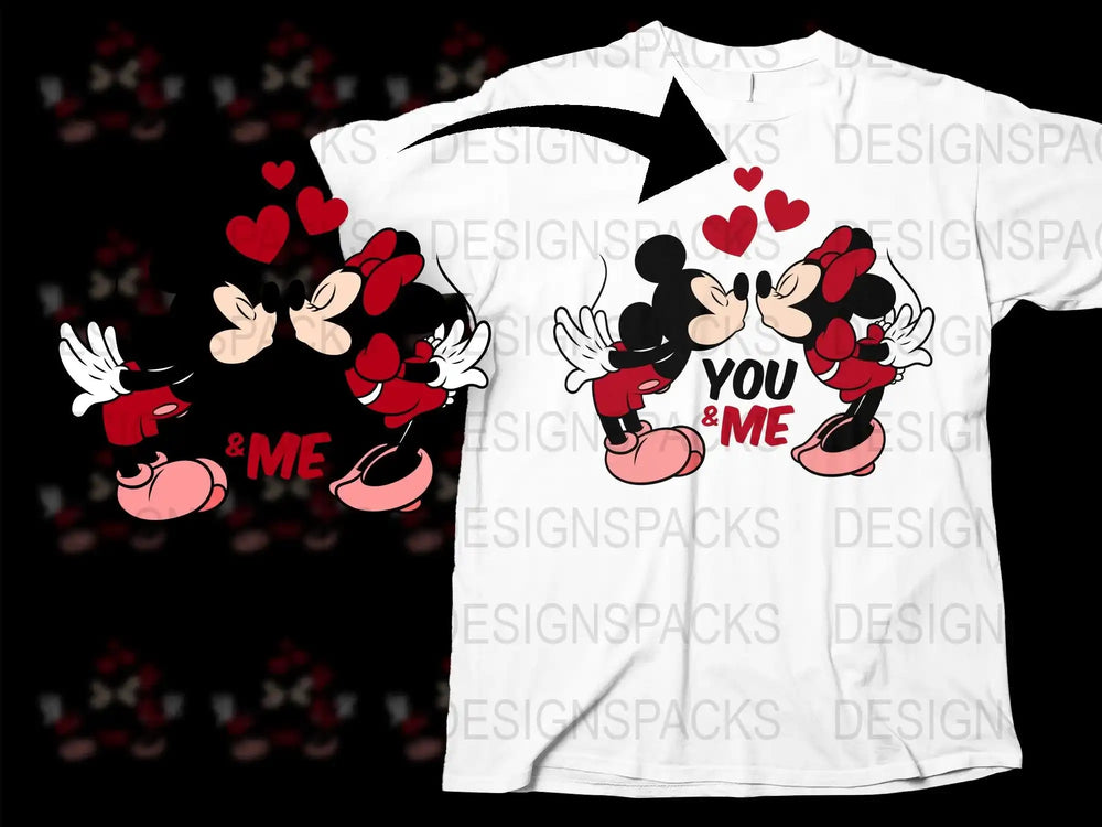 Mickey and Minnie Mouse kissing with hearts, 'You & Me' text on white t-shirt design
