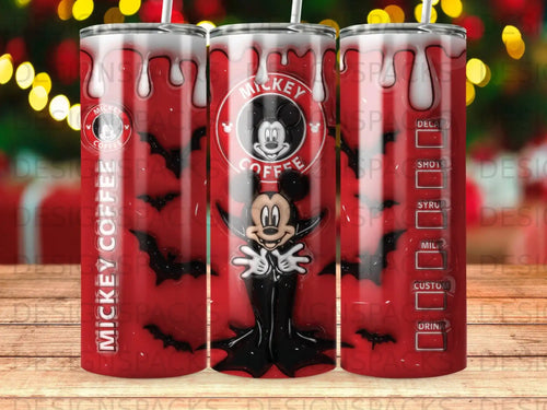 Mickey Mouse character on a red dripping coffee cup, with drink options.