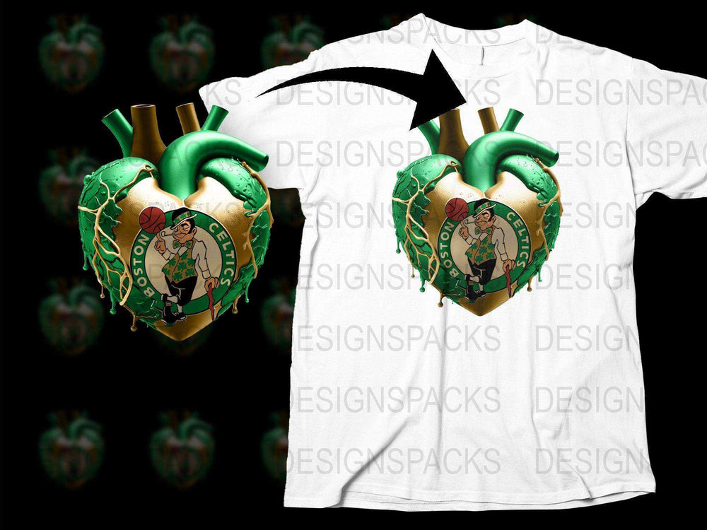 Boston Celtics heart design on white t-shirt, green and gold, print-ready graphic