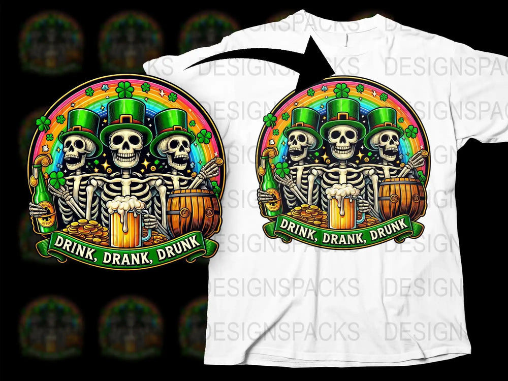 St. Patrick's Day skeleton design with shamrocks, beer, and 'Drink, Drank, Drunk' text on a white t-shirt.