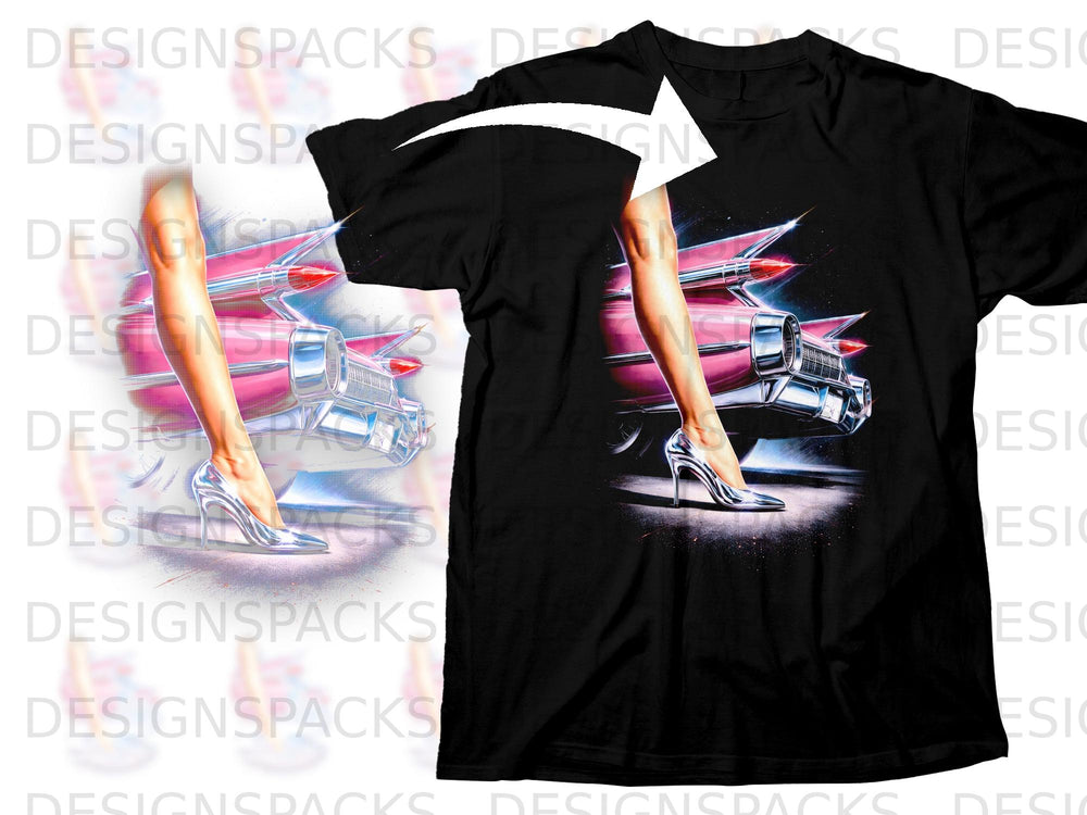 Black t-shirt with retro graphic of a woman's legs in silver heels and a pink Cadillac.