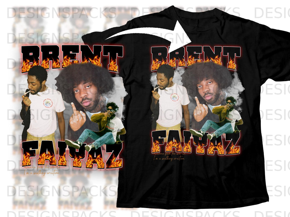 Brent Faiyaz graphic tee with flames and song lyrics on black shirt.