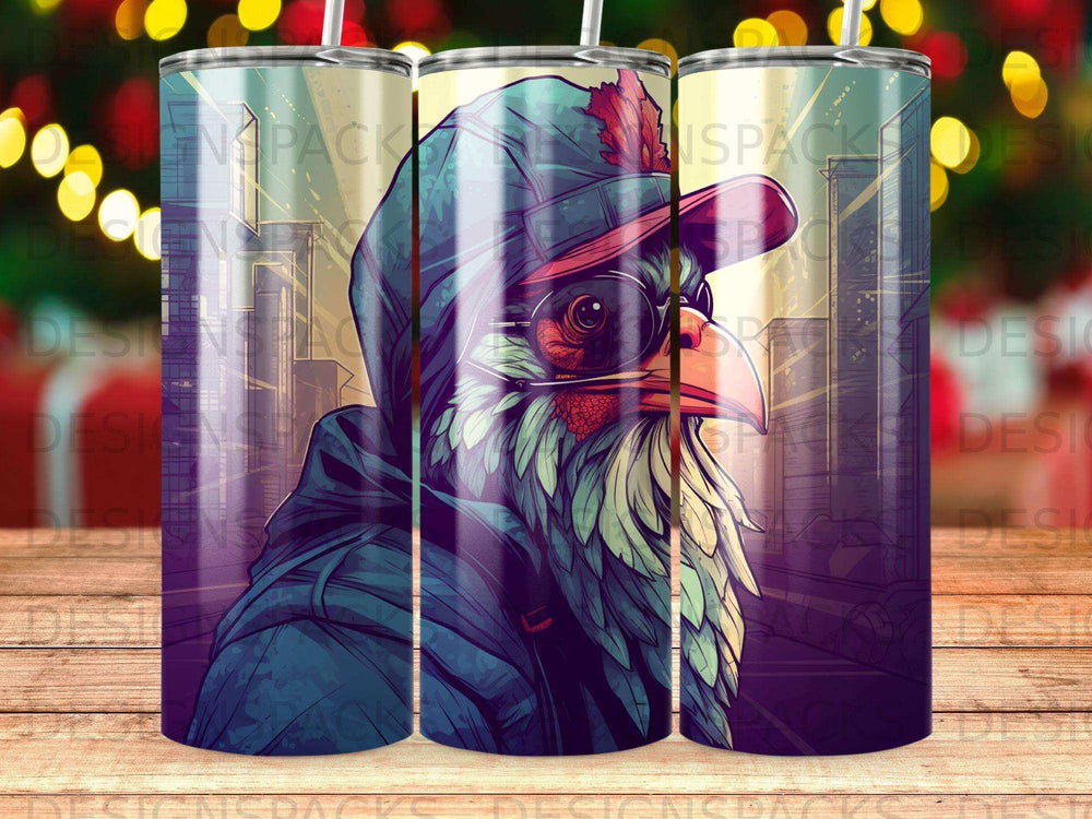 Rooster wearing a hat and glasses with city buildings in background.