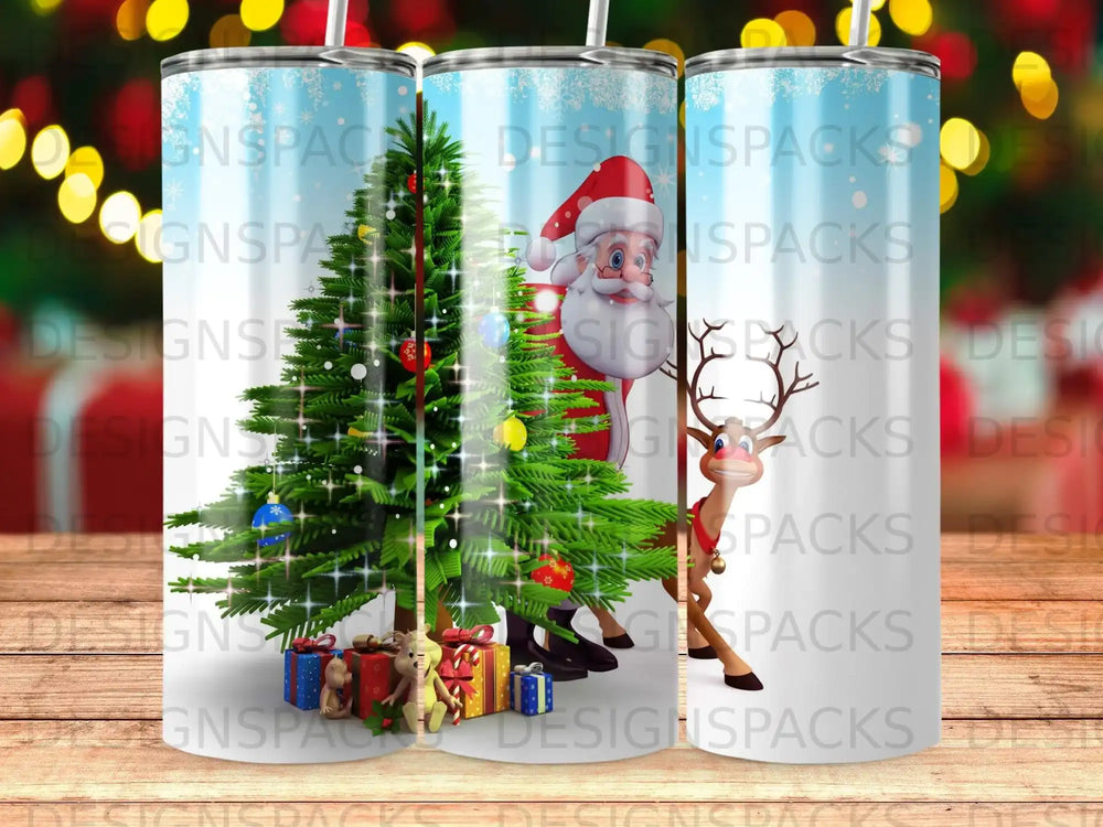 Christmas tumbler with Santa, reindeer, and decorated tree.