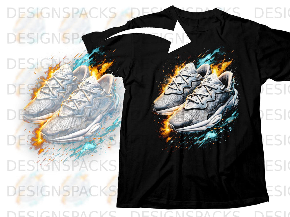 Black t-shirt featuring a graphic of two white Adidas sneakers with fire and water effects.
