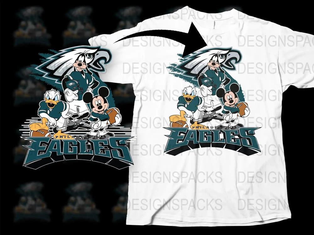 Philadelphia Eagles Disney characters football design on white t-shirt, print-ready PNG
