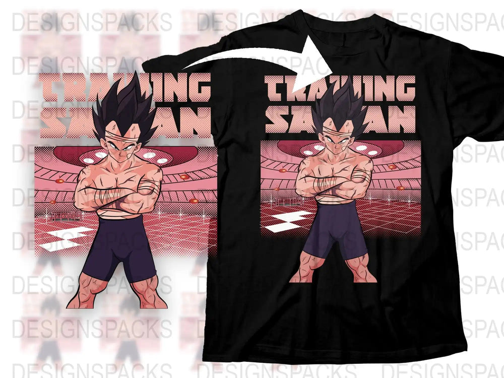 Vegeta Training Saiyan design on black t-shirt, print-ready for DTG/DTF