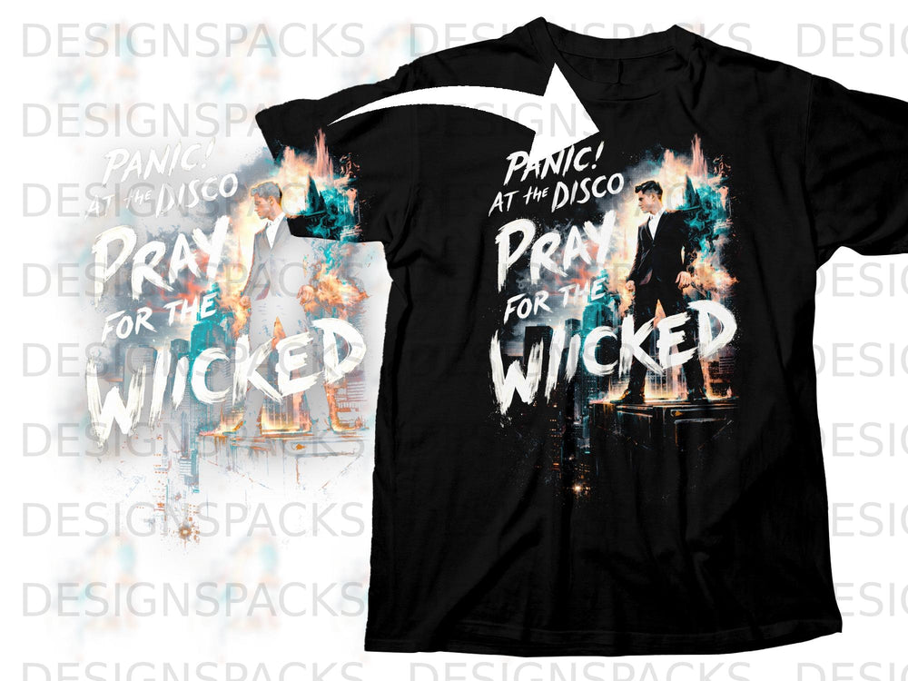 Black t-shirt with Panic! At The Disco "Pray for the Wicked" album artwork.