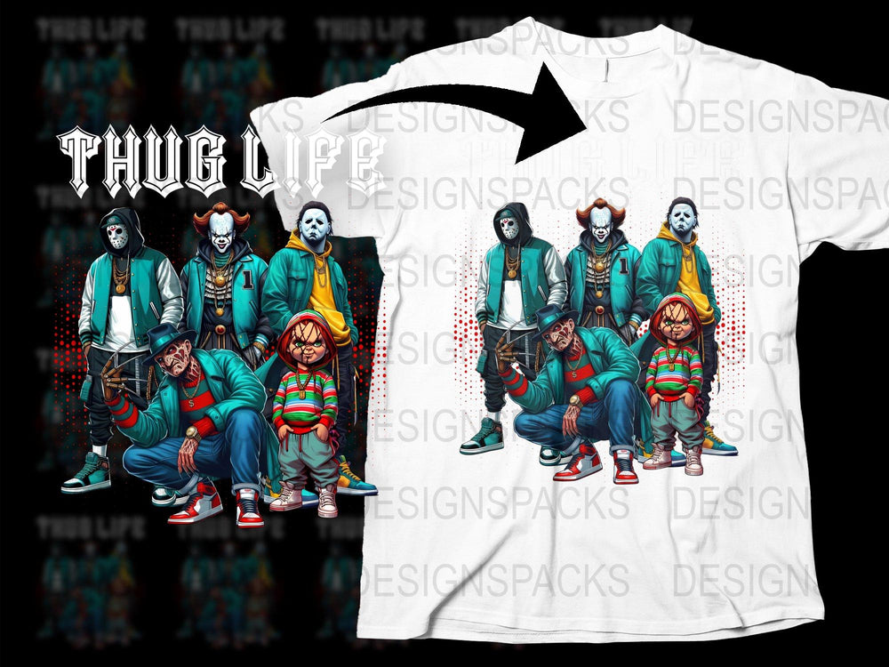 Thug Life Graphic T-Shirt, Urban Streetwear Hip Hop Tees, Colorful Printed Masked Characters, Men's Fashion