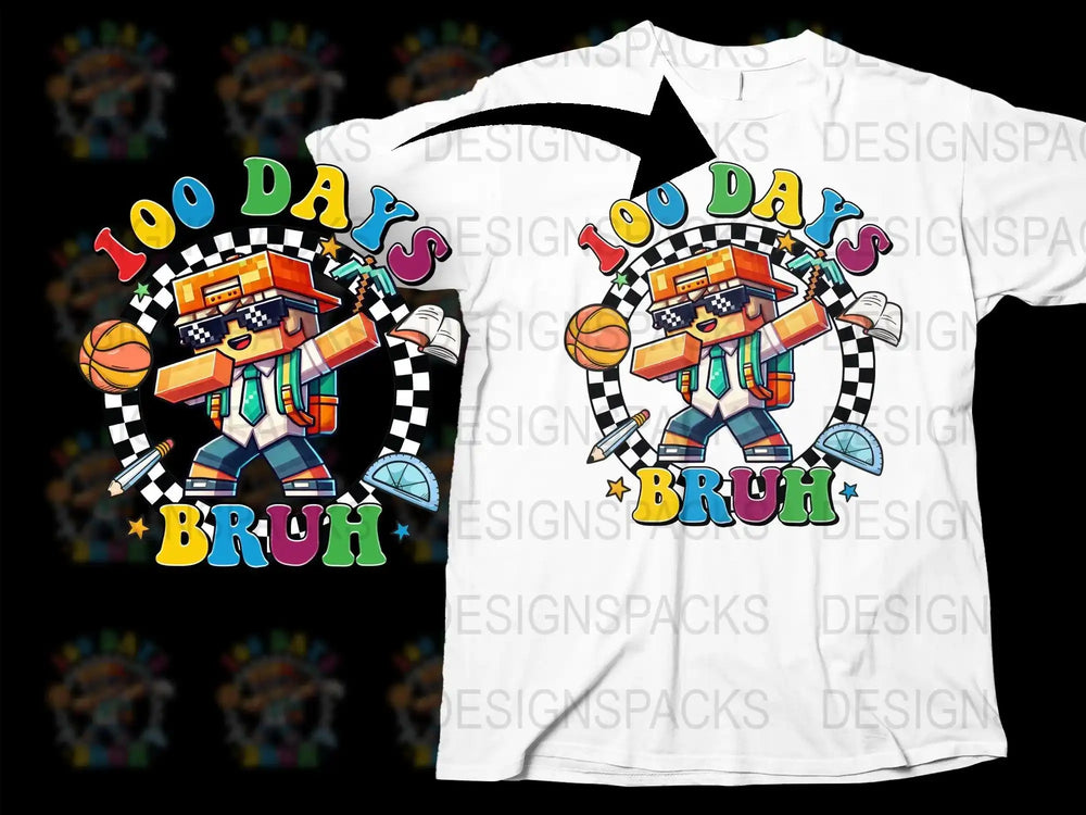 100 Days Brüh pixel character t-shirt design with school items, print-ready for DTF DTG