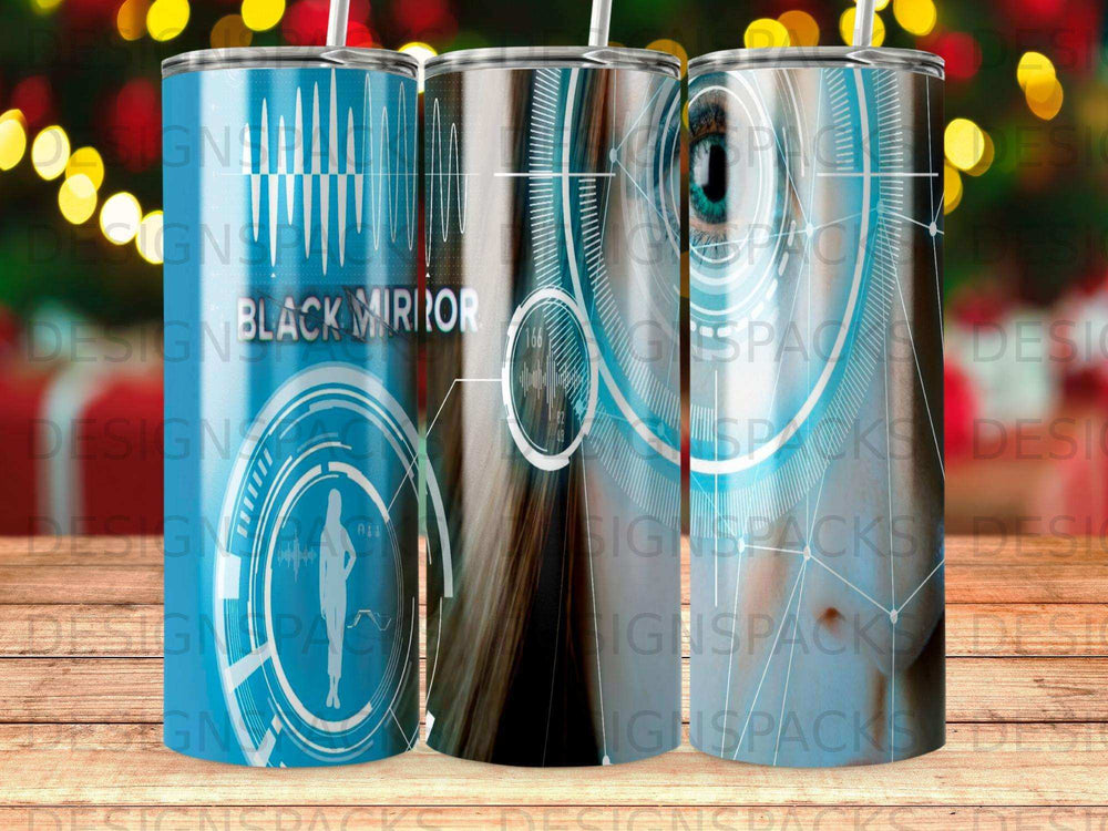 Tumbler with "BLACK MIRROR" text and abstract digital graphic.