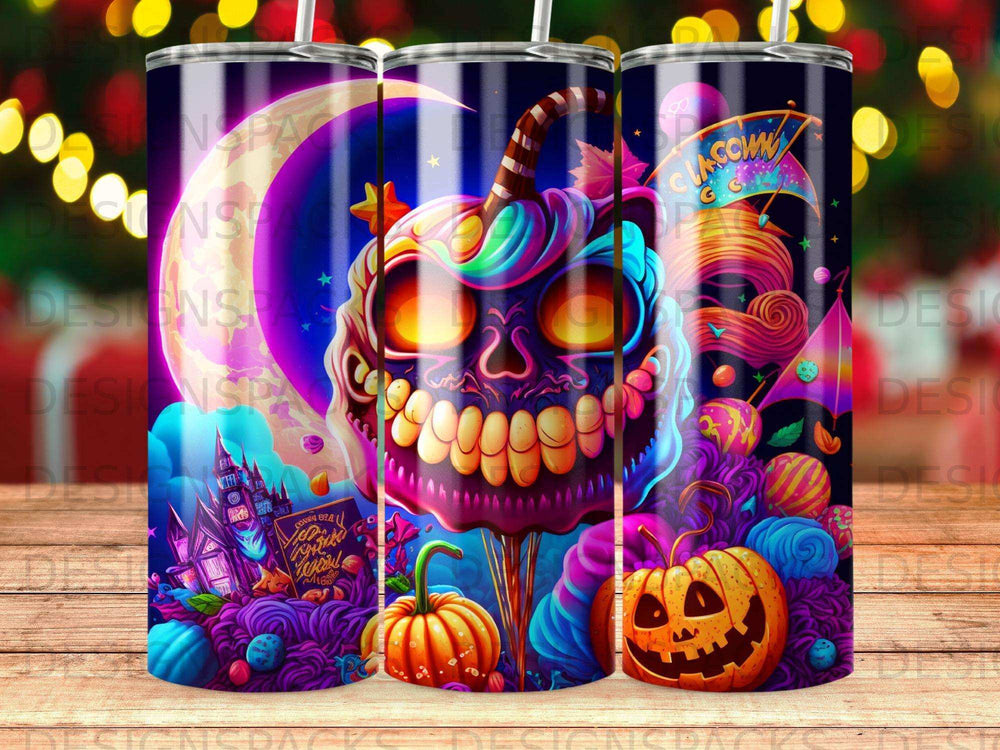 Halloween-themed tumbler with a grinning jack-o'-lantern face and spooky castle.