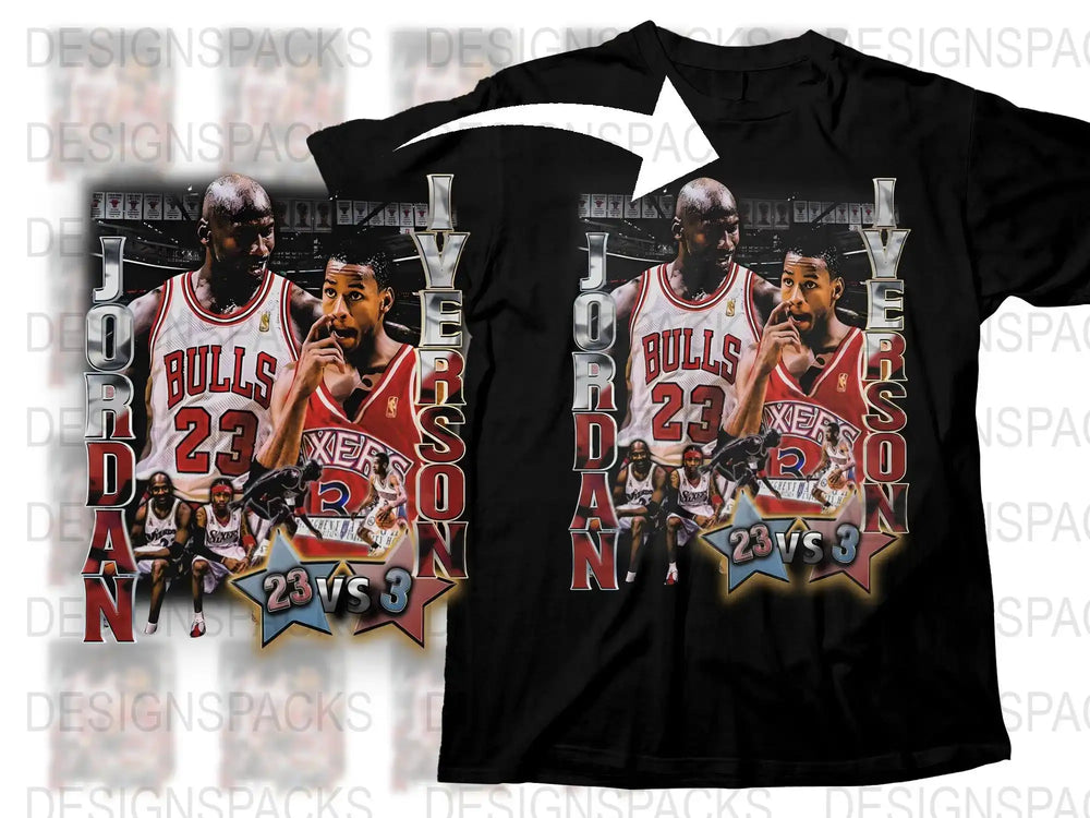 Jordan vs Iverson 23 vs 3 basketball graphic t-shirt design for DTF DTG printing