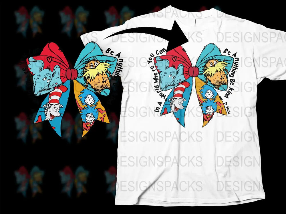 Dr. Seuss characters in bow design for t-shirt, print-ready SVG/PNG, DTF/DTG compatible