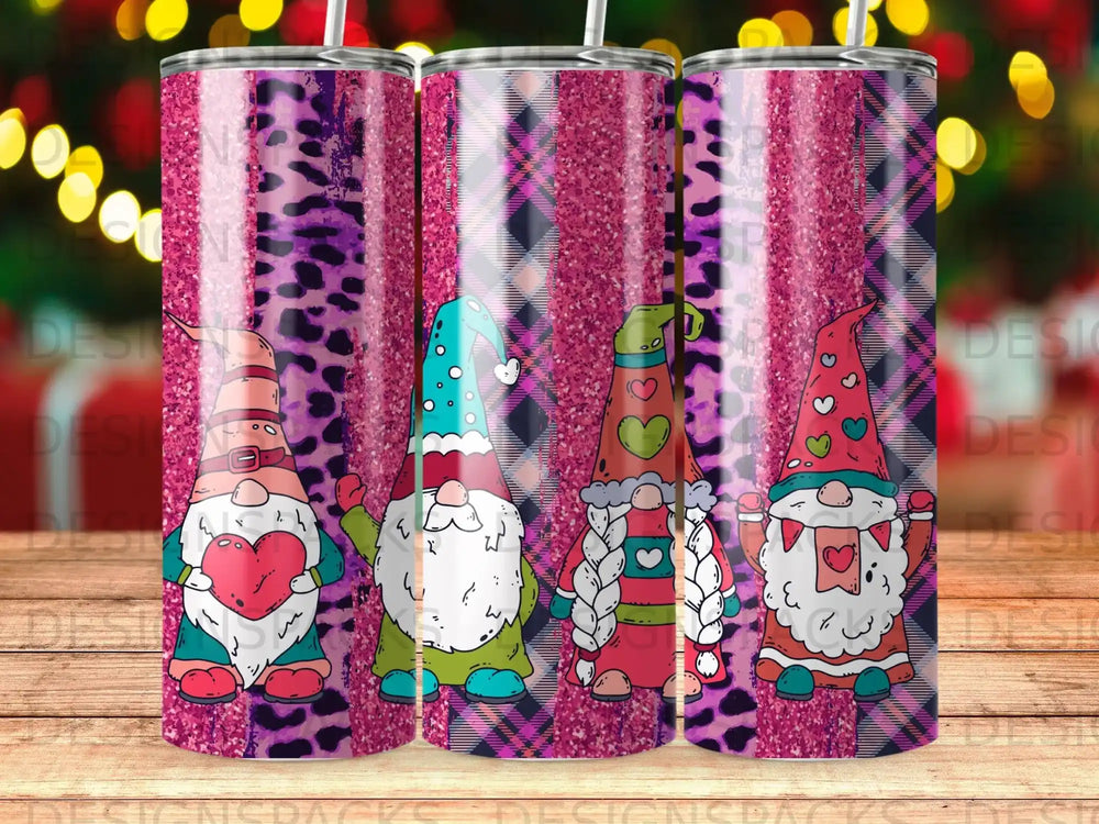 Four cartoon gnomes with colorful hats and beards on a patterned background.