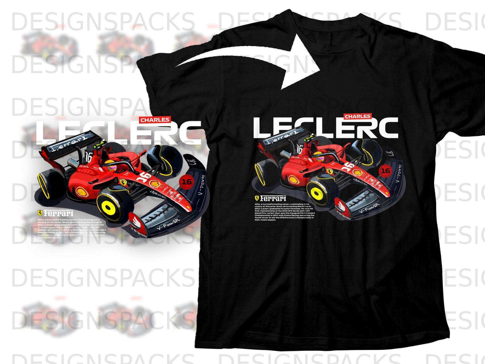 Black t-shirt with Charles Leclerc's Ferrari F1 car and racing details.