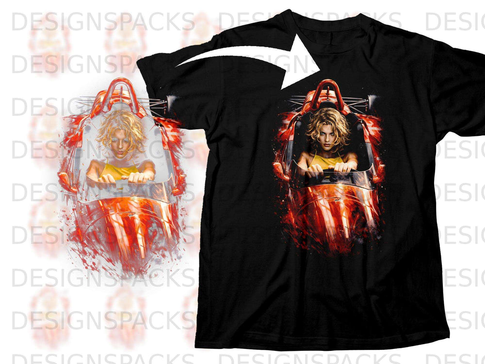 Black t-shirt with a red racing car and a blonde woman driver graphic.