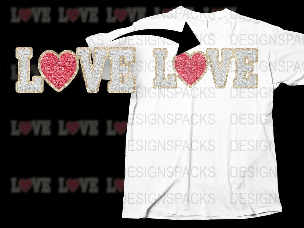 White t-shirt with glittery 'LOVE' design featuring red heart, ideal for DTF/DTG printing