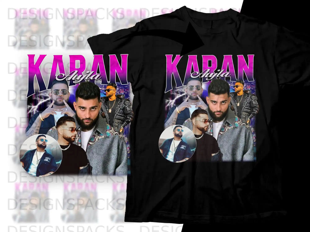 Karan Aujla portrait with "Karan" text, two superimposed portraits, and a distressed background.