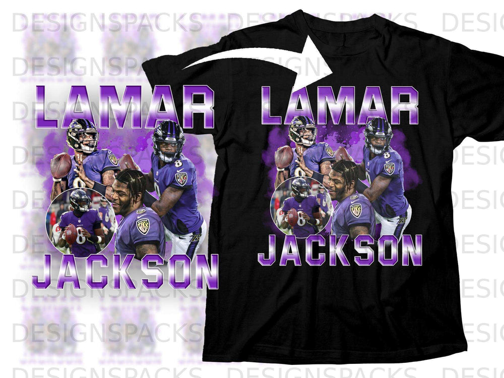Lamar Jackson Ravens graphic on a black t-shirt.