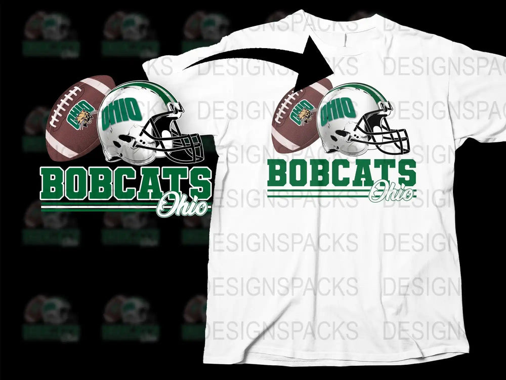 Ohio Bobcats football helmet and ball design on white t-shirt, print-ready graphic