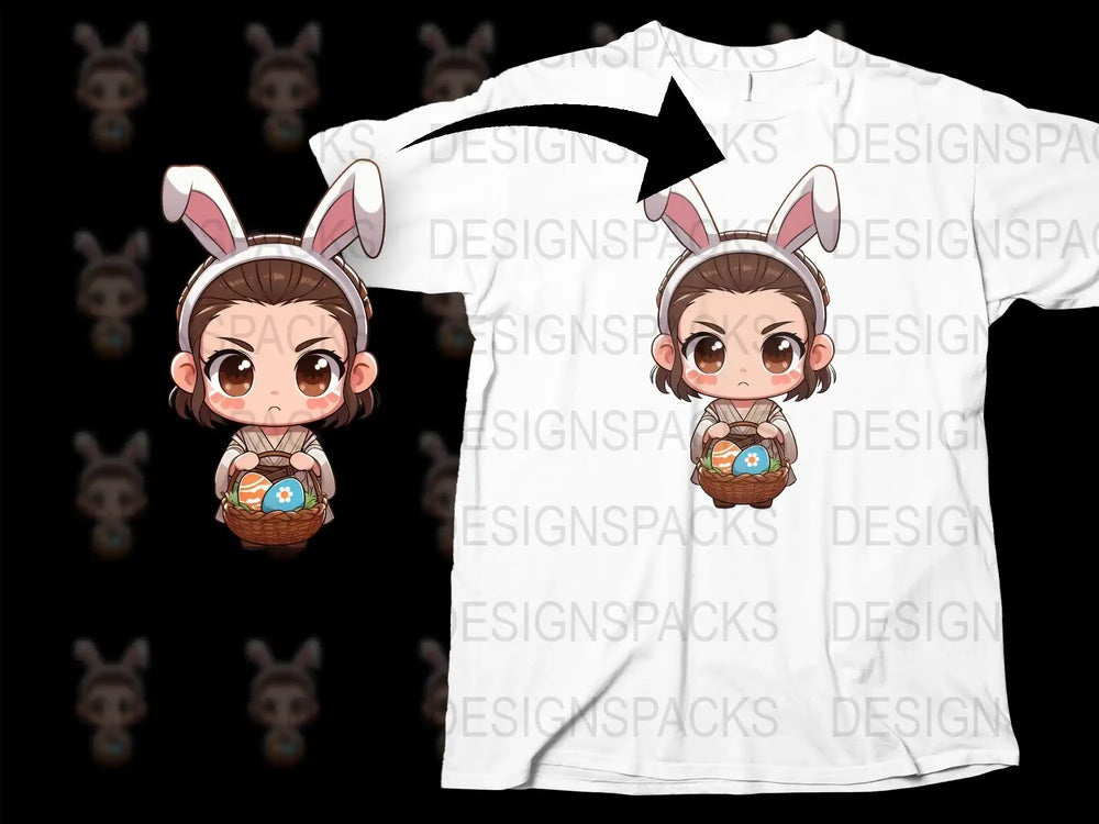 Chibi Easter bunny girl with egg basket, print-ready t-shirt design for DTF/DTG, PNG/SVG