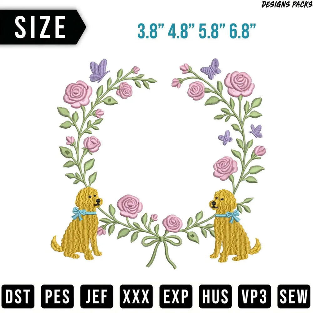 Floral wreath embroidery design with two dogs and butterflies, available in multiple sizes.