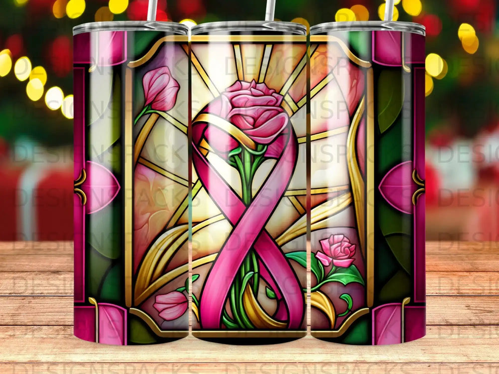 Pink ribbon and stained glass rose design on a tumbler.