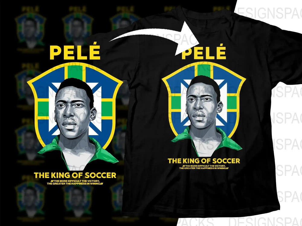 Pelé soccer t-shirt design, 'The King of Soccer' print-ready graphic for DTG/DTF printing