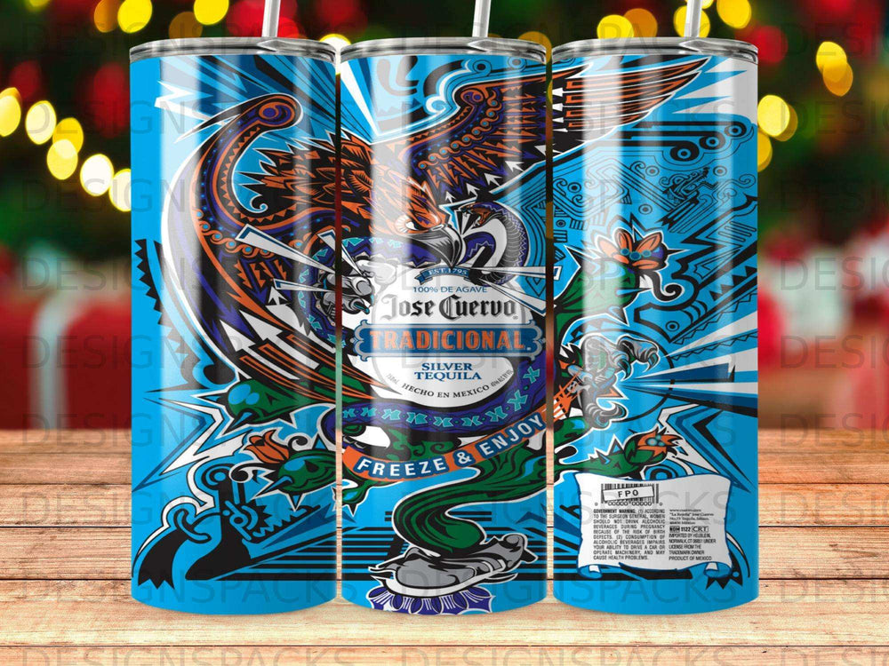 Jose Cuervo Tradicional Silver Tequila tumbler with eagle and snake design.