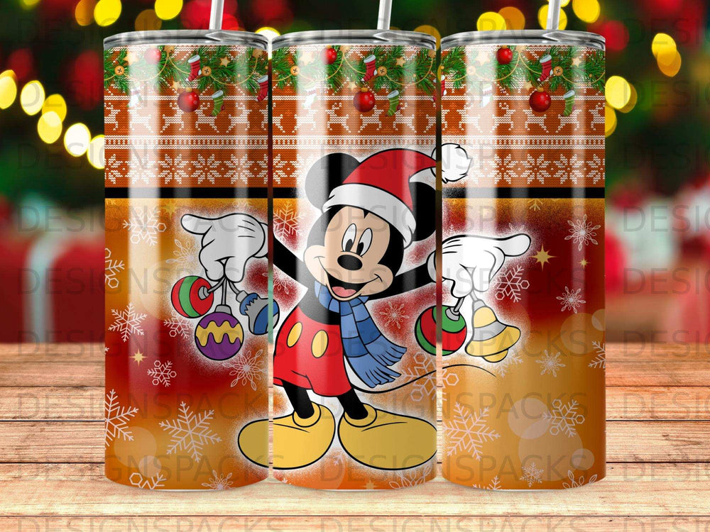 Mickey Mouse in Santa hat holding Christmas ornaments with festive winter pattern.
