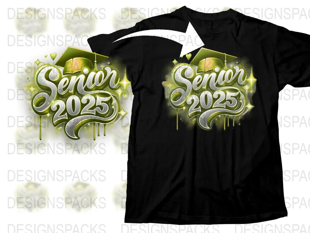 Senior 2025 graduation design on black t-shirt with green and silver glitter effects