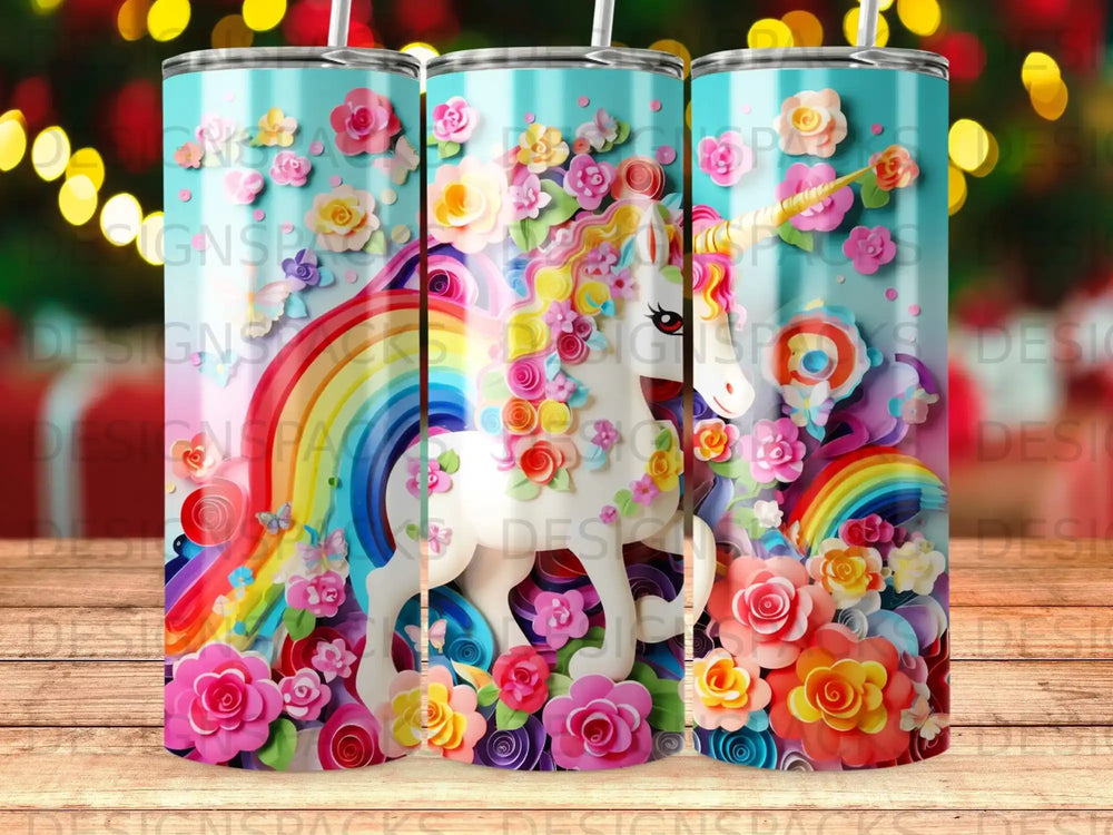 White unicorn with rainbow mane surrounded by colorful flowers and rainbow.