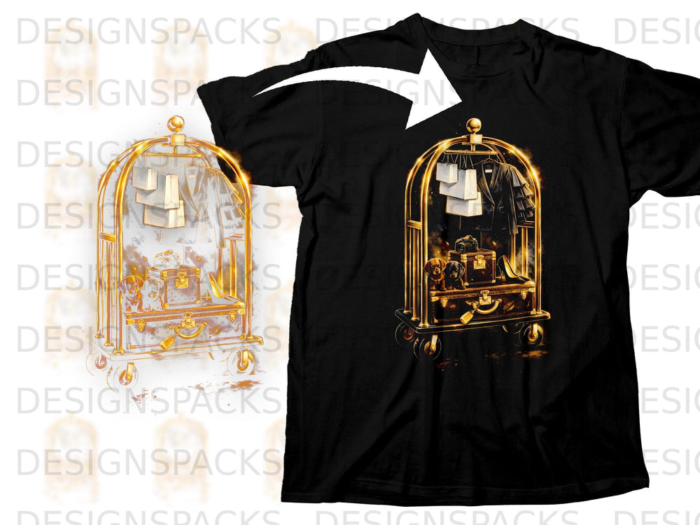 Gold luggage cart with dogs, suitcases, and clothing on a black t-shirt.