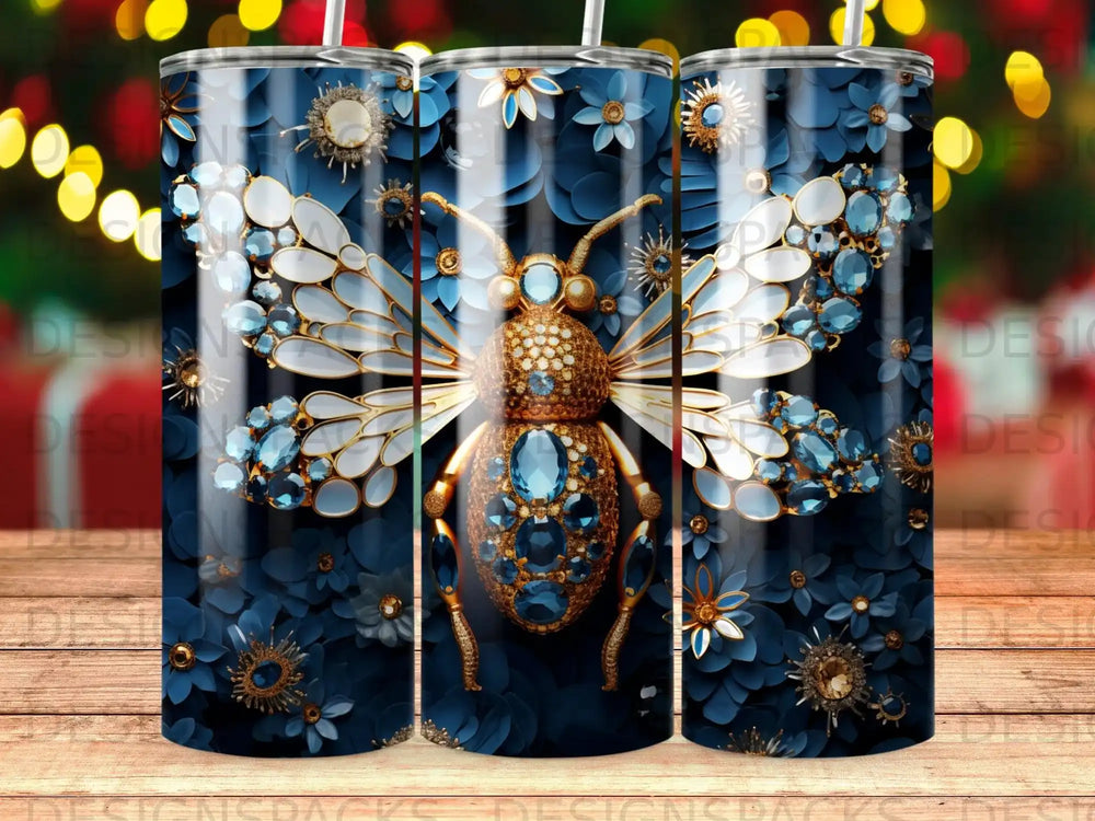 Ornate bee with jeweled wings and body, surrounded by dark blue flowers.