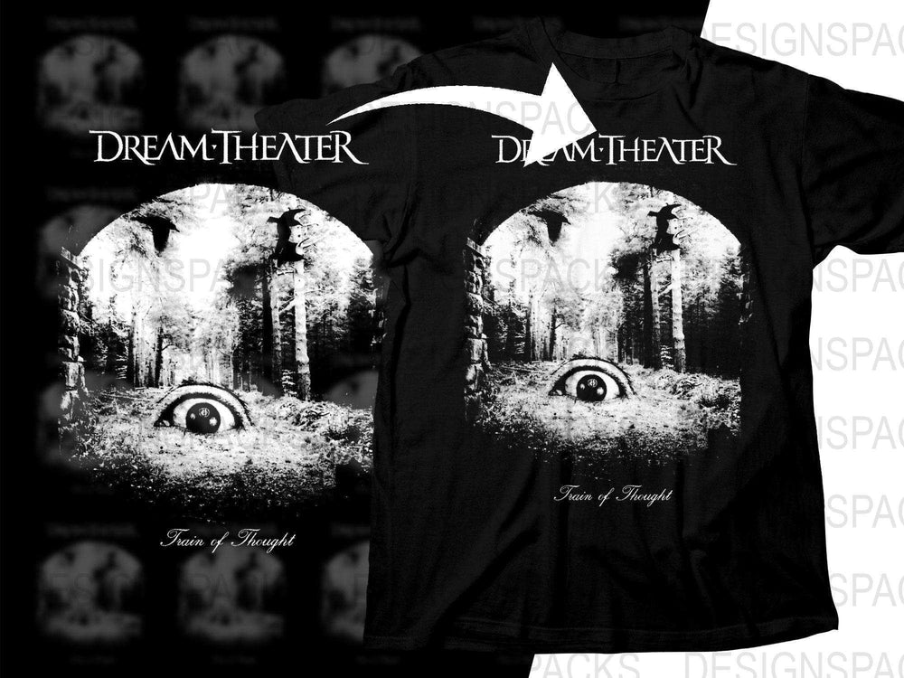 Dream Theater Train of Thought t-shirt design with forest and eye graphic, print-ready PNG