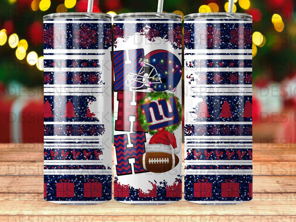 Holiday tumbler with Giants logo, snowflakes, and presents.