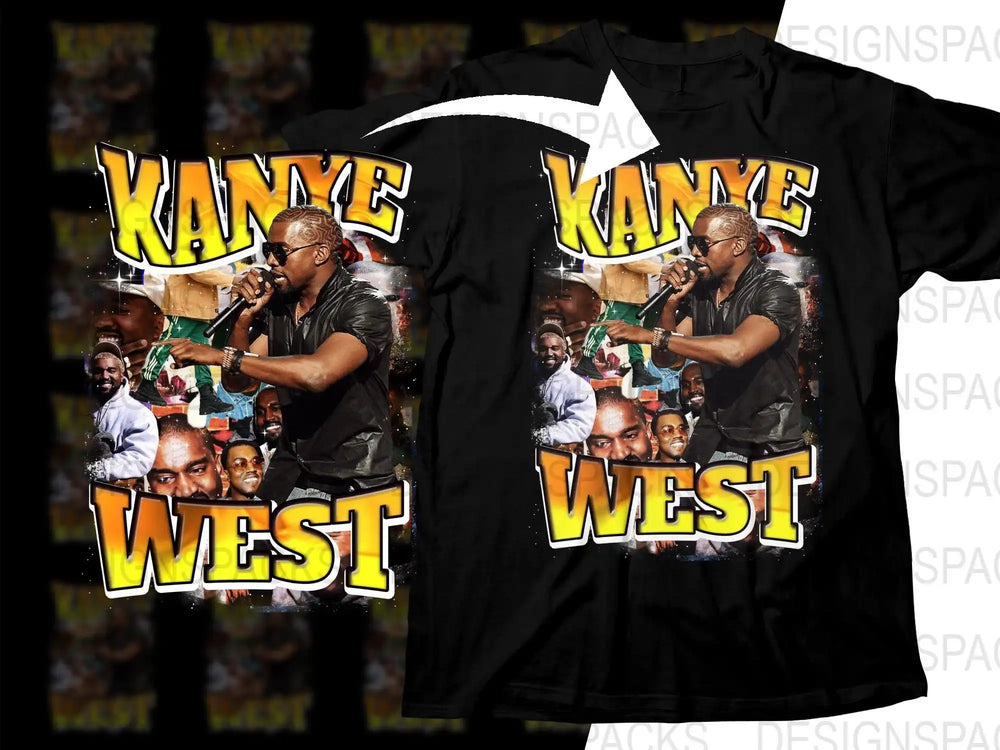 Kanye West concert graphic t-shirt design with bold yellow text and collage imagery