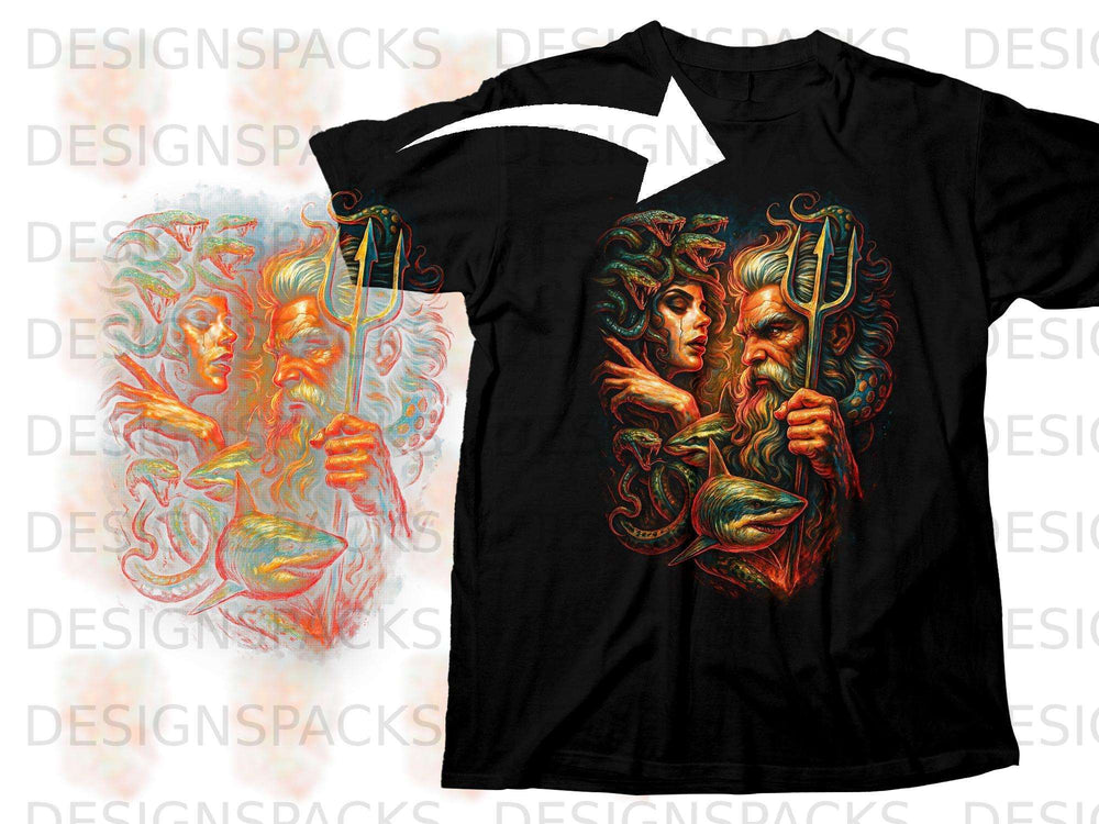 Black t-shirt featuring graphic of Poseidon and Medusa with sharks and snakes.