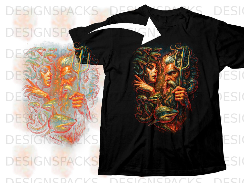 Black t-shirt featuring graphic of Poseidon and Medusa with sharks and snakes.