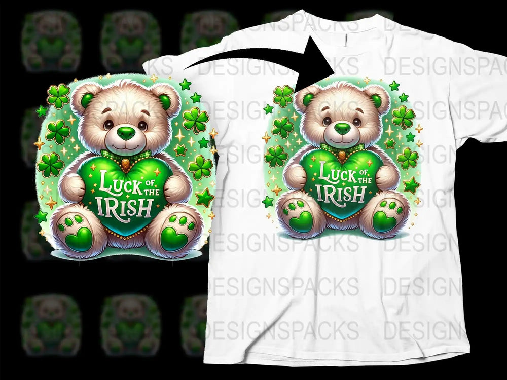 Cute teddy bear holding 'Luck of the Irish' heart with shamrocks, perfect for St. Patrick's Day t-shirt design