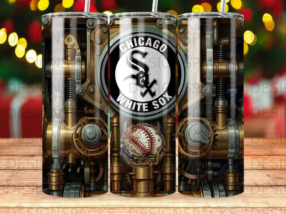 Chicago White Sox tumbler with steampunk gears and baseball design.