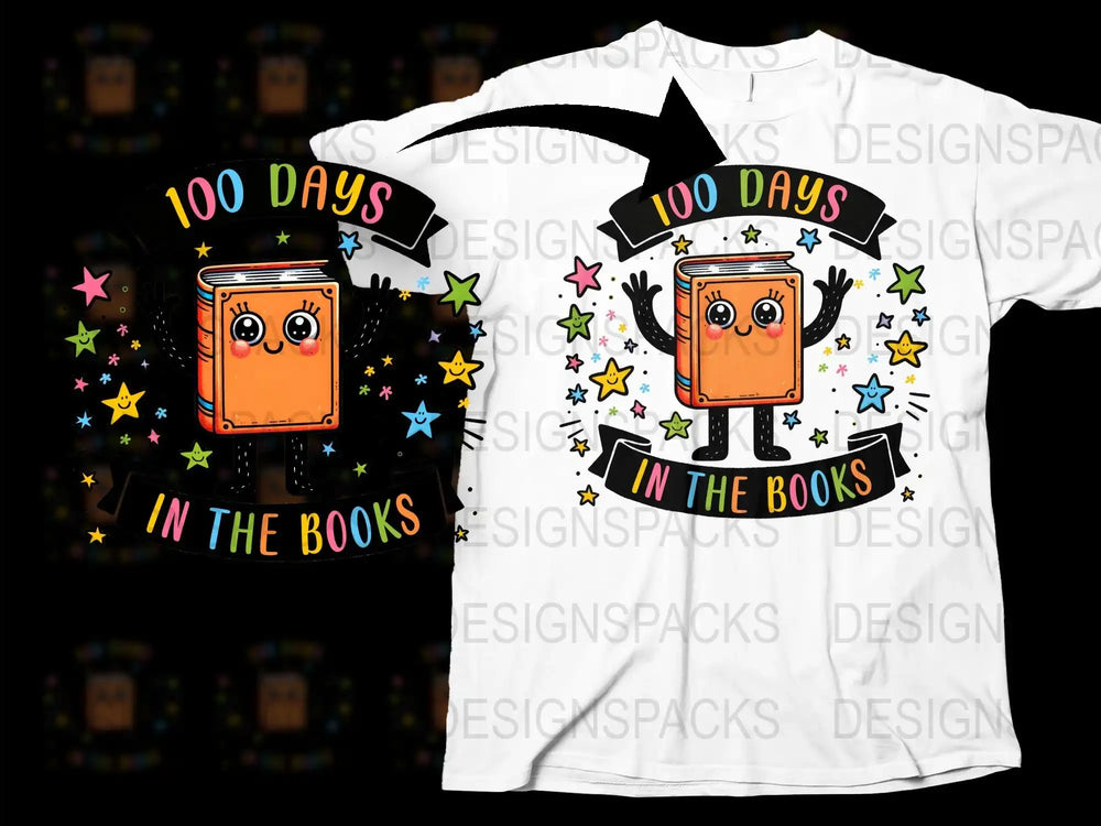 100 Days of School T-Shirt, Cute Book Character, Celebration Tee, Kids School Milestone, Colorful Stars Design, Casual Wear