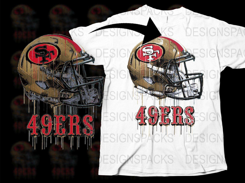 San Francisco 49ers helmet design with dripping effect, print-ready for DTG or DTF t-shirts