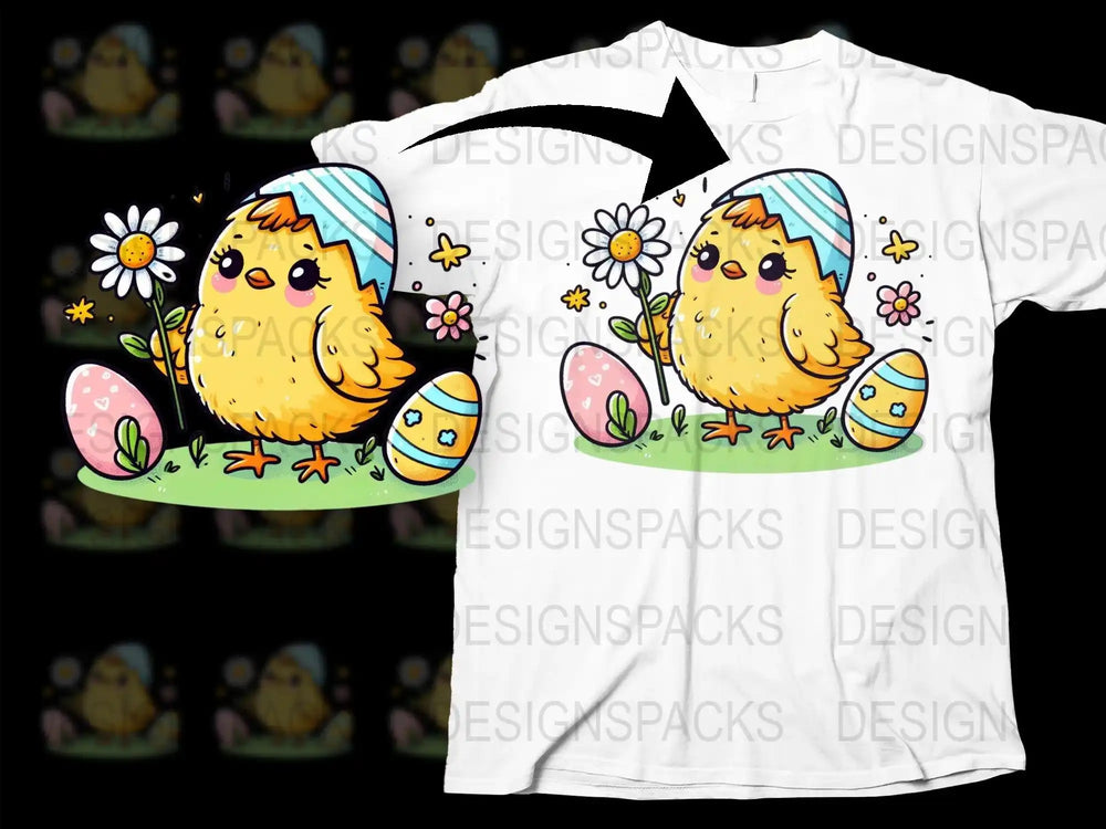 Cute Easter chick with flowers and eggs on white t-shirt design