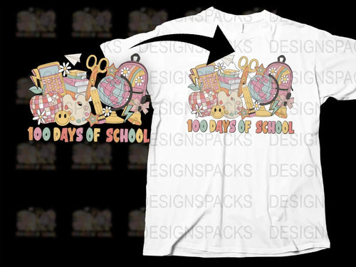 100 Days of School t-shirt design with colorful school supplies and flowers
