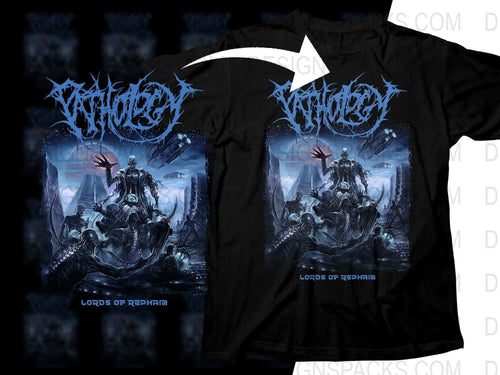 Black t-shirt with blue 'Lords of Rephaim' graphic, featuring dark fantasy alien scene for DTF/DTG printing.