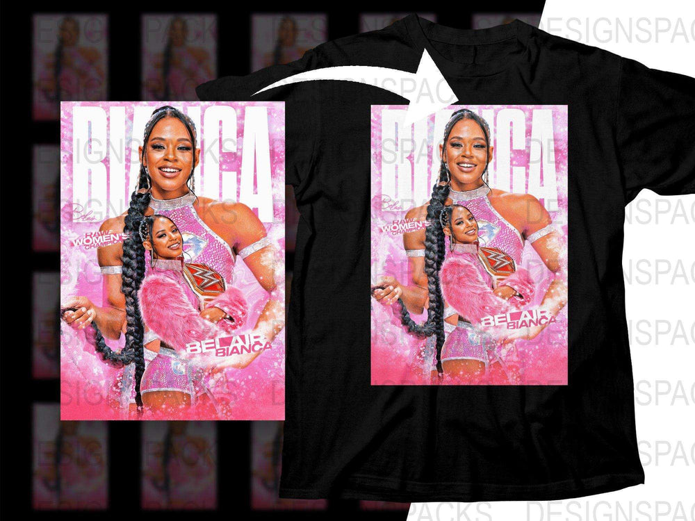 Bianca Belair WWE women's champion pink glitter t-shirt design, print-ready PNG for DTG/DTF
