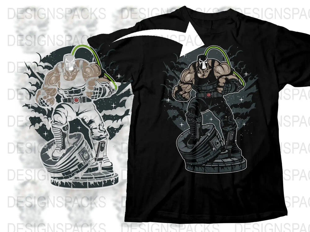 Bane t-shirt design with muscular villain, space background, print-ready PNG for DTG/DTF