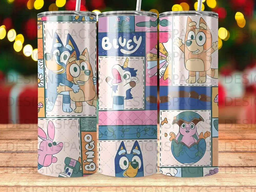 Bluey and Bingo characters in a pattern on a tumbler.
